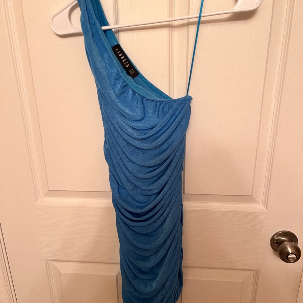 Express Blue Asymmetrical Ruched Bodycon Dress